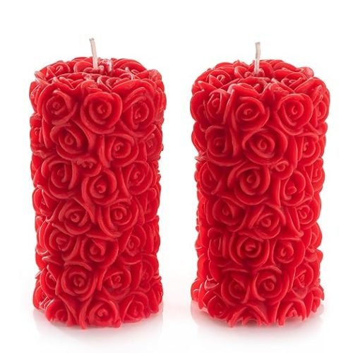 Scented Candles For Home Decor, Rose Fragrance, Pillar Shape, Red Color, Set Of 2, 5.5 X 10.5 Cm - Wax